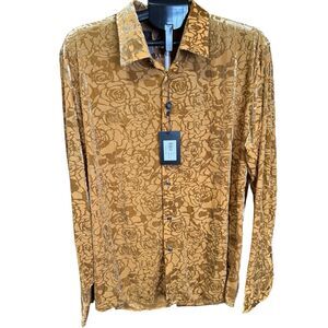 NWT BARABAS Men's floral Long Sleeve VELVET Button Down 2XL 3SVL18 gold camel